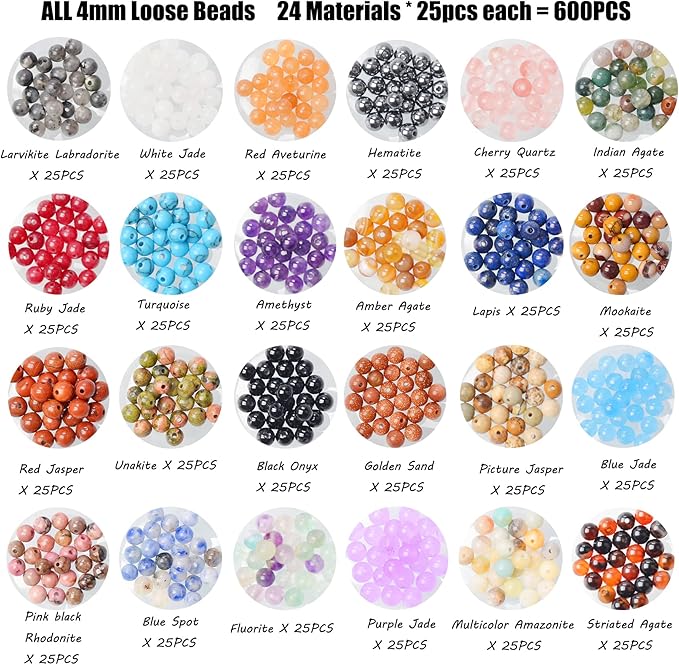 4mm natural mixed materials gemstones beads tiny spacer round loose beads jewelry making kit with thread and needles 600 pcs(24 natural, 4mm)