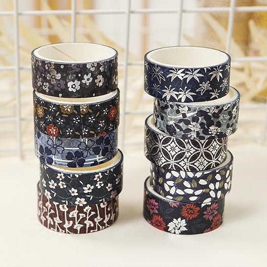 10 Rolls Sakura Washi Tape Set Japanese Arts Adhesive Tapes Gold Silver Foil Decorative Masking Tape Sets for Craft, Kids, Scrapbook, DIY, Gift Wrapping (Sakura Nightfall)