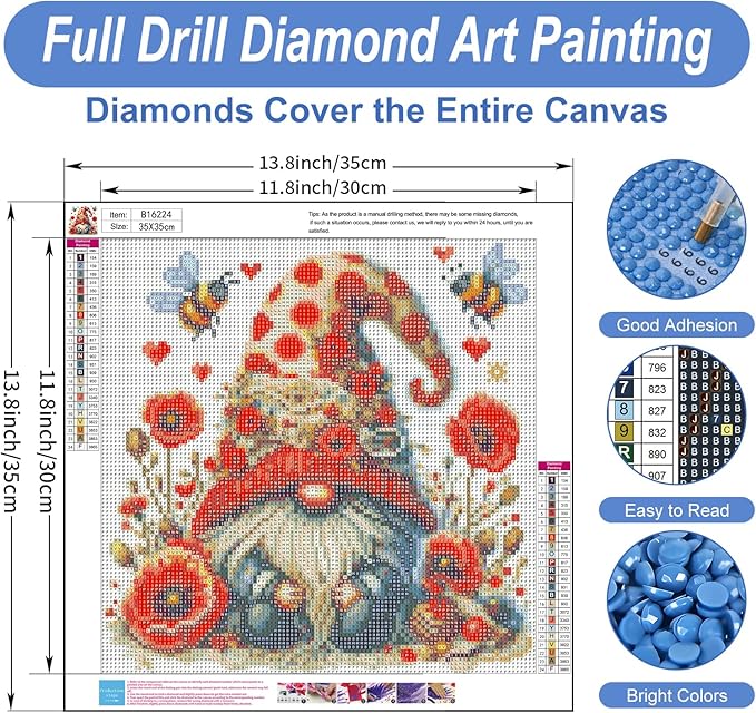 Camocin Diamond Art Kits for Adults Gnomes, 5D Gnome Diamond Painting Kits for Adults Beginners, DIY Bee Full Round Dots Drill Gem Art Kit for Gift Home Wall Decor 14 x 14 Inch