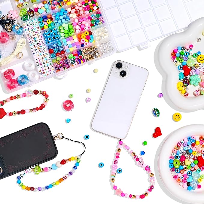 minimissmianyc 657pcs phone charm kit for girls，acrylic colorful face star flower letter alphabet pony beads necklace diy supplies crafts accessoriess bracelet jewerly making kit for kids boys women