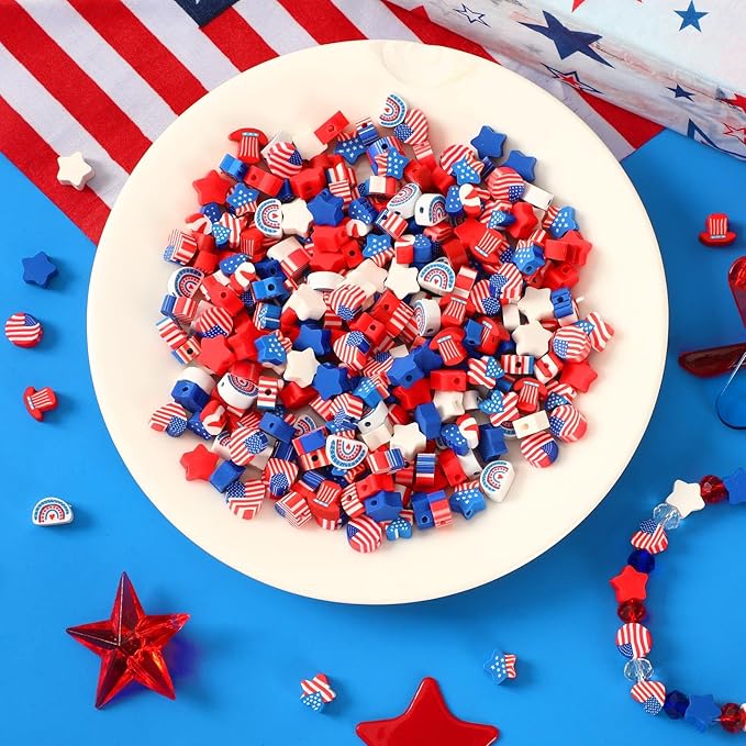 Augshy 300Pcs Patriotic Polymer Clay Beads, Round Red White Blue Stars Hearts Circles Butterflies Hats Rainbows 4th of July American Flag Spacer Beads for Bracelet Necklace Making Earrings Craft