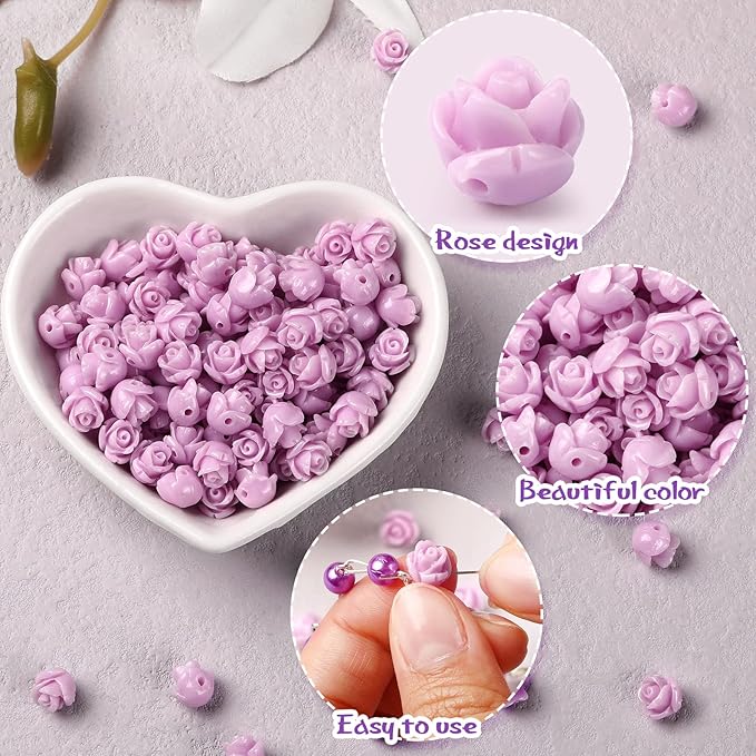 Sureio 140 Pcs Rosary Making Supplies Carved Rose Beads Flower Beads Kit Cross Centerpiece Crucifix Medal, Silver Jesus Maria Pendant for Bracelet Necklace(Purple)