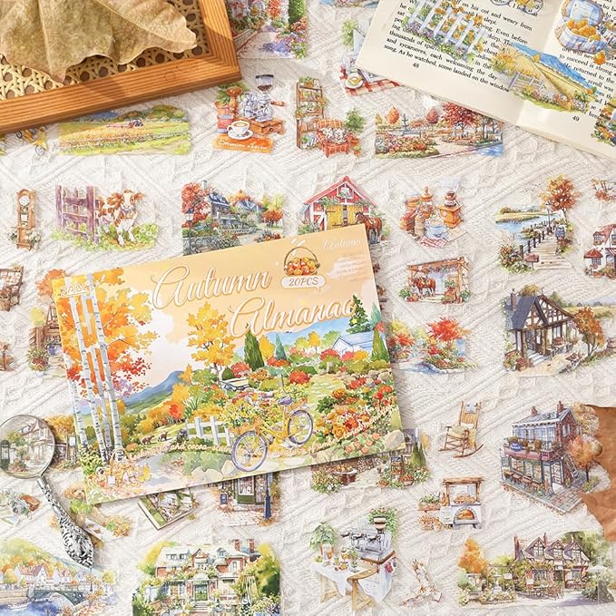 Large Transparent PET Autumn Landscape Sticker Book for Journaling, 20 Sheets Pre-Cut Scenery Stickers for Scrapbooking Supplies, Collage Decorative, 9.25 x 6.58 inches