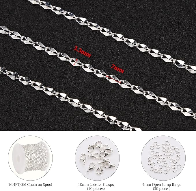 KYUNHOO 5 Meters Thin Cable Link Jewelry Making Chains Spool Silver Plated Copper Chains with Lobster Clasps Jump Rings for Crafts DIY Finding Supplies