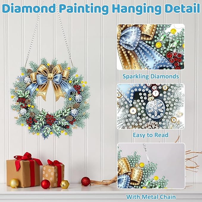 MEIYUDA Christmas Diamond Art Hanging Kits for Adult, Winter Wreath Diamond Painting Hanging Kits Ornaments, DIY Special Shaped Rhinestone Window Pendants kit for Home Garden Wall Decor Gift