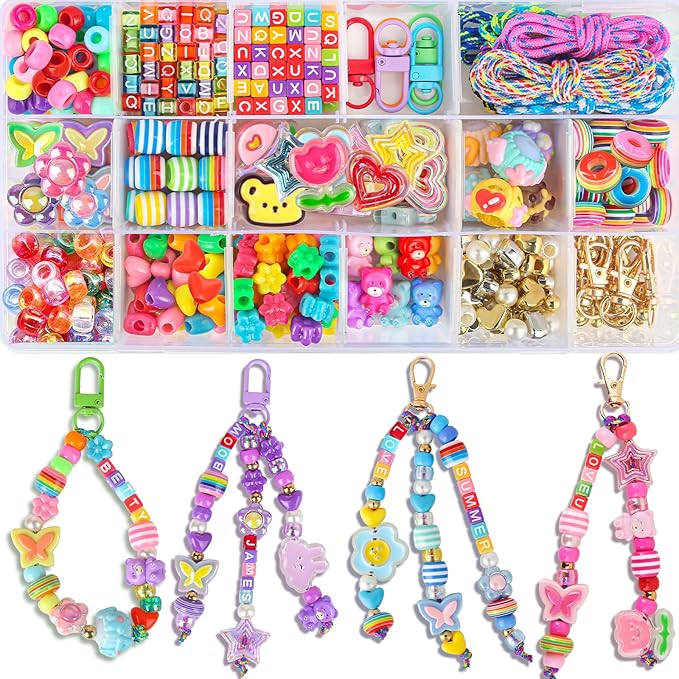 Ecoofor 633 PCS Beaded Keychain Making Kit, Acrylic Alphabet Letter Beads with Heart, Star & Flower Charms for DIY Jewelry, Bag Charm & Keychain Accessories Craft Supplies