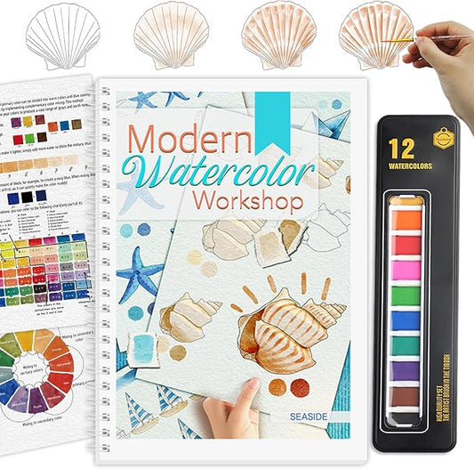 Watercolor Workbook, Watercolor Workbook Paint Book Beginner Friendly with 12 Patterns, Beginner-Friendly Watercolor Workbooks with 12 Paint Colors & Brush, Water Color Paint Set Valentine's Day Gift