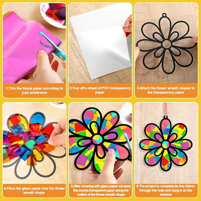 Lonfliness 32 Sets Spring Lotus Suncatchers Craft Kit DIY Window Stained Glass Effect Colorful Lotus Paper Crafts Home School Classroom Decoration Birthday Gift Creative Art Project & Activity Game