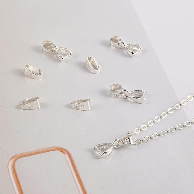 Pendant Clasp, 8Pcs 925 Sterling Silver Bails for Jewelry Making, Slider Necklace Pendant Connectors Charms Pinch Clip Pendant Clasp with Open Loop, Sterling Silver Jewelry Findings Making Supplies