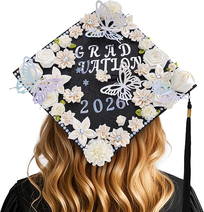 VISSTREE Graduation Cap Decorations Flowers, 56 Pcs Handmade Cap Toppers for Graduation with White Artificial Flower 3D Butterfly Number Letter Stickers Kit for DIY 2026 Grad Graduate Gift
