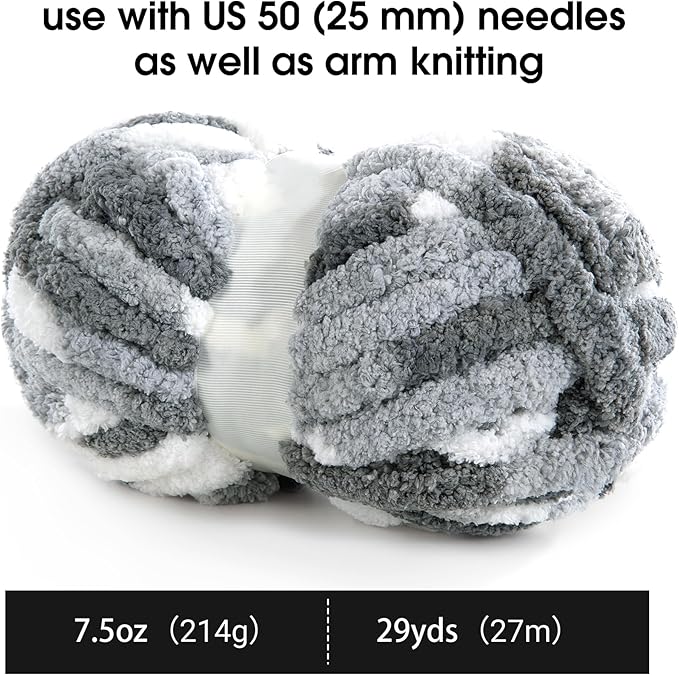 MABOZOO Tie Dye Chunky Yarn for Crocheting 8 Pack,Fluffy Jumbo Chenille Yarn,Soft Plush Yarn Bulky,Giant Thick Fuzzy Yarn for Hand Knitting or Arm Knitting,Grey (26 yds,8 oz Each Skein)