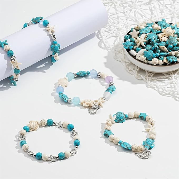 344Pcs Turquoise Sea Turtle Beads Blue and White Starfish Beads Tortoise Turtle Charms Summer Beach Animal Spacer Bead Shell Bead for Jewelry Making DIY Bracelet Necklace (8 Strings)