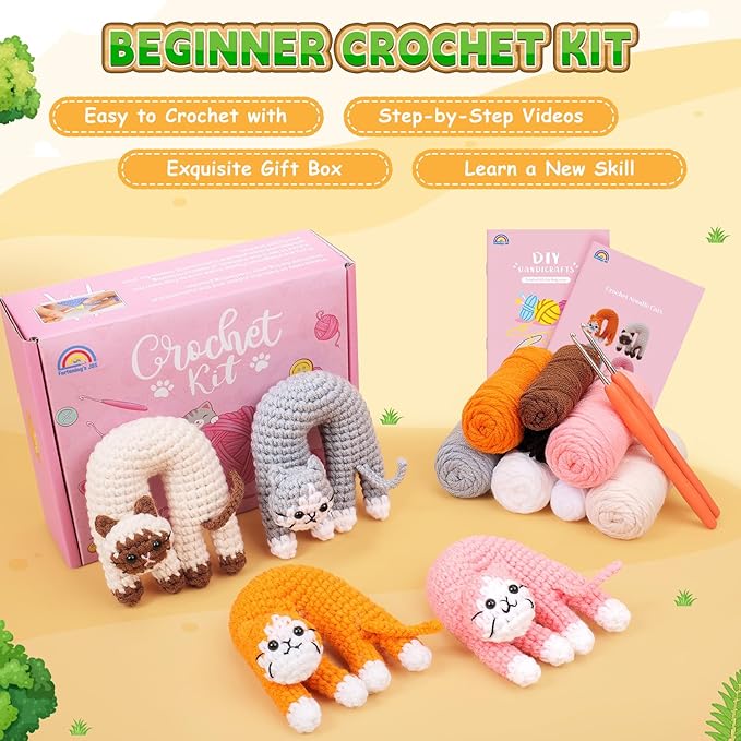 Fortuning's JDS Crochet Kit for Beginners, 4 Pack Funny Cat Crochet Kits, Animal Starter Crochet Kit with Step-by-Step Video Tutorials, Easy DIY Cat Craft for Adults, Novelty Gift for Crochet Lovers
