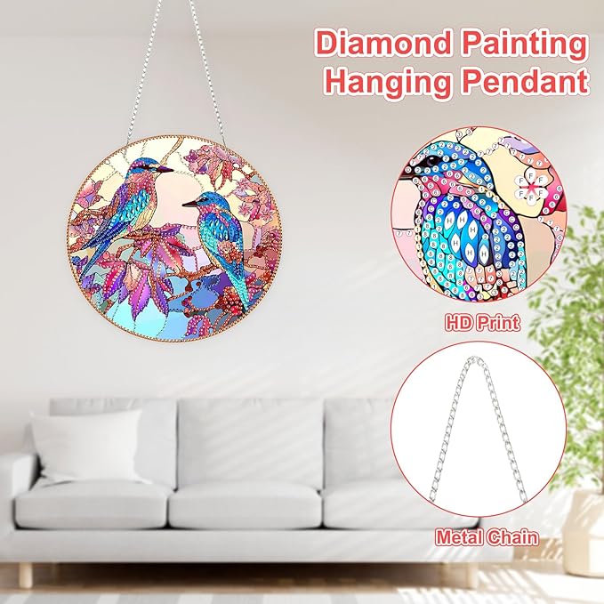 TOSTOG Diamond Art Hanging Kits for Adults, Colorful Bird Diamond Painting for Adults Window Pendant, Special Shape Diamonds Bird Diamond Painting Hanging Pendant Kit for Wall Decor Gift