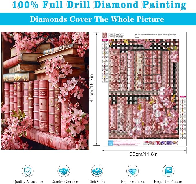 Meothan Diamond Art Kits for Adults Flowers Bookshelf Diamond Painting Kits for Adults Beginners, DIY Bookshelf Flowers Diamond Gem Art Dots Painting Kits for Home Walls Decor Gifts 12x16inch (Pink)