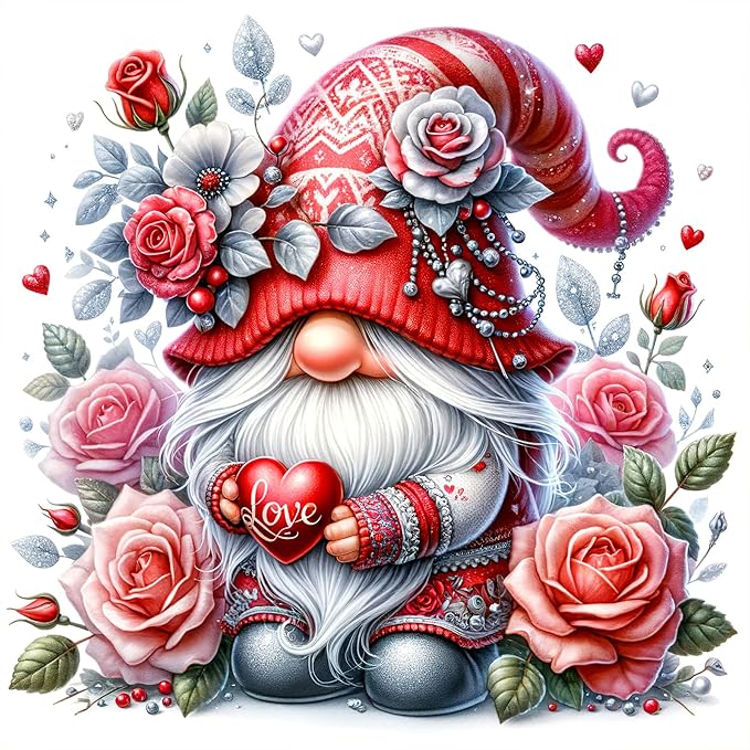 Gnome Valentine Diamond Art Kits for Adults-Round Full Drill 5D Gnome Love Diamond Painting Kits for Adults Beginners Paint by Diamonds Pictures Gem Art Painting Kits DIY Crafts Kits 12x12inch