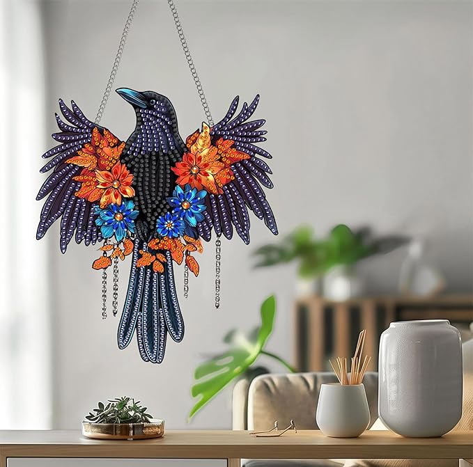 Bimkole Crow Diamond Art Hanging Kit for Adult, DIY 5D Animals Diamond Art Painting Window Pendant, Acrylic Crystal Art Hanging Ornament for Wall Home Garden Front Door Decor - 7.8x7.8 Inch