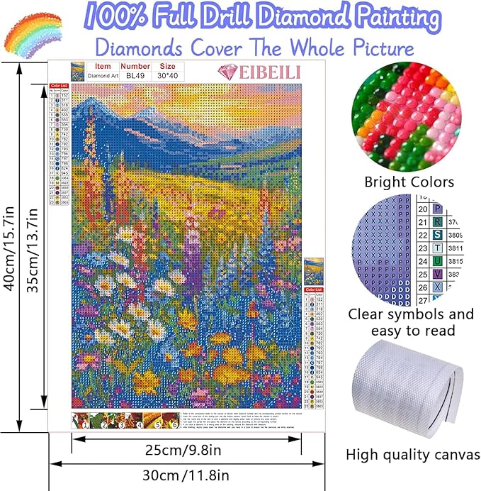 EIBEILI Diamond Art Kits for Adults, Snowy Mountains and sea of Flowers Diamond Painting Kits for Beginner Round 5D Full Drill Diamond Dots Crafts for Home Wall Decor Gifts 12x16 Inch