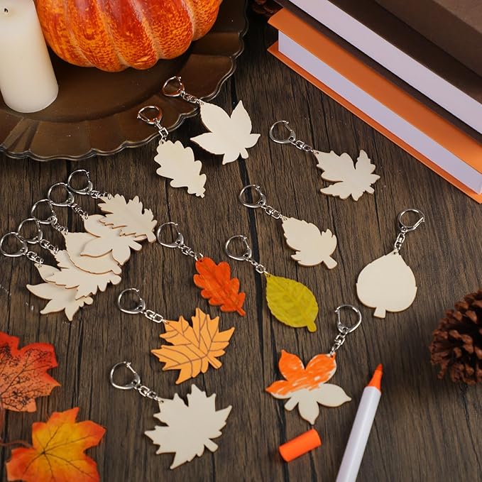 Trnayi 36 Pcs Thanksgiving Maple Leaf Wood Crafts Color Your Own Maple Leaf Keychains DIY Coloring Gifts for Thanksgiving Painting DIY Arts Crafts Project Home Decoration