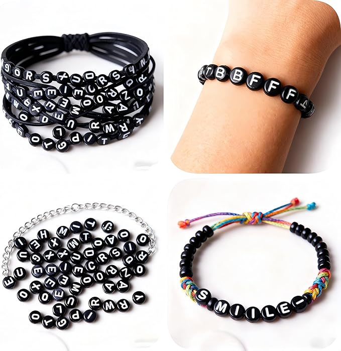nikkiGuo 1250 PCS Letter Beads Kit with Elastic Cord – Alphabet A–Z, Numbers, Heart, Moon, Star, Smiley Beads for Friendship Bracelets & DIY Jewelry (Black Beats & White Letters)
