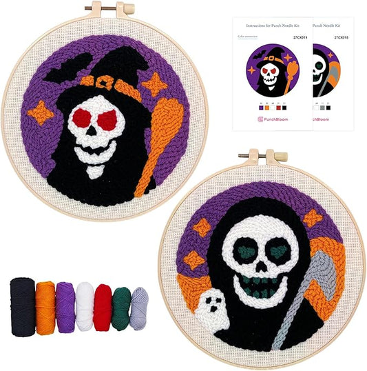 Halloween Punch Needle Kit for Adults Beginners, Easy Punch Embroidery Starter Set with Instruction, Fun DIY Needle Point Craft for Home Decor & Holiday Gift Idea(2pcs Skull Witch & Grim Reaper)