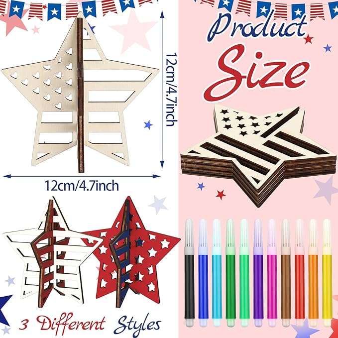 Huwena 36 Pcs Patriotic Crafts Set 24 Wood Stars for Crafts 4th of July 3D Star Cutouts with 12 Colored Pens Memorial Day Unfinished Wooden Slices to Paint for Independence Day Tiered Tray Decor