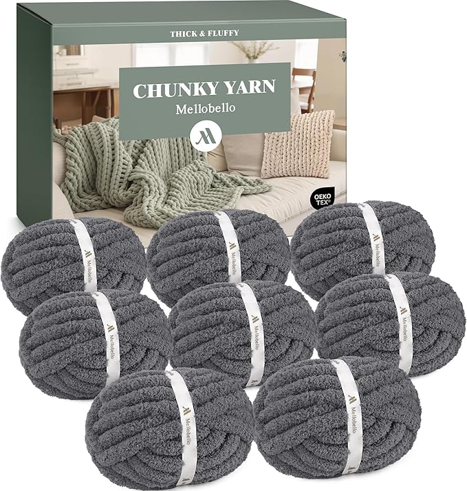 Jumbo Chunky Yarn for Hand Knitting - Super Thick Chenille Chunky Yarn for Crocheting - Extra Soft Bulky Fluffy Blanket Big Yarn 8 Jumbo Pack (27yds,8 oz Each Skein) Charcoal Grey