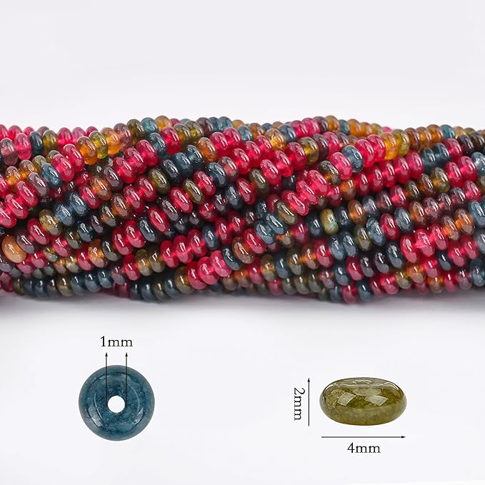 2 Strands (300PCs) Colorful Tourmaline Rondelle Beads, 2 * 4mm Gemstone Loose Spacer Abacus Disk Beads for DIY Bracelet Necklace Earrings Jewelry Making, Craft Supplies Beading Kit
