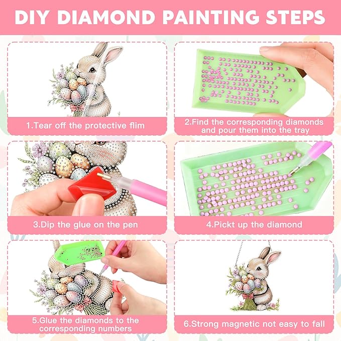 NAIMOER Easter Bunny Diamond Art Hanging Kits for Adults, 5D Special Shaped Rhinestone, DIY Acrylic Spring Diamond Art Painting Window Pendants Home Garden Wall Hanging Ornament Kits, Double Sided