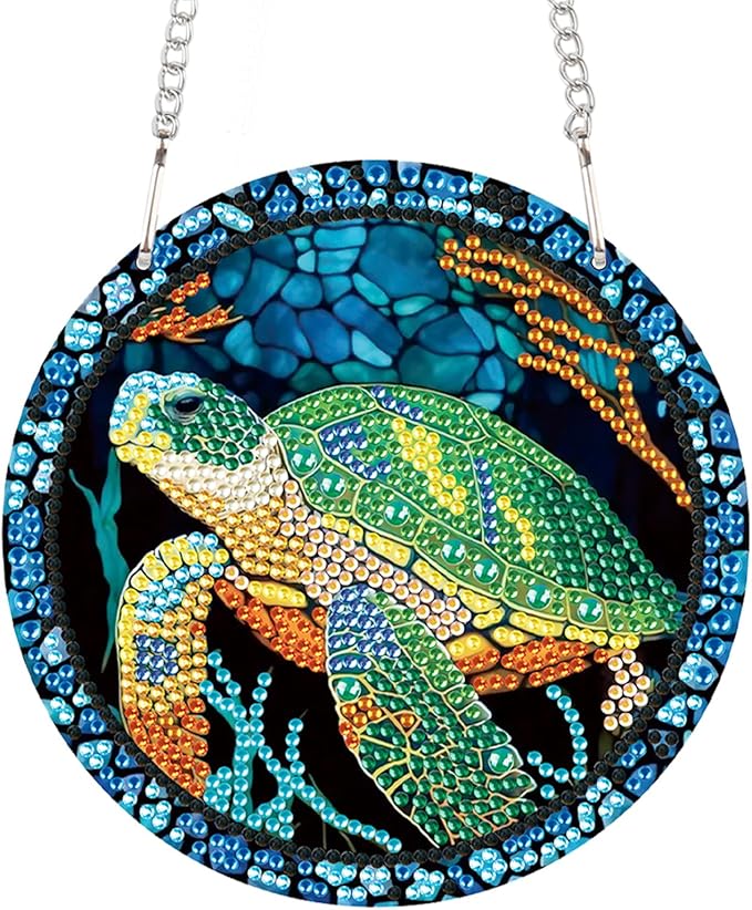 AiYuanzsh Sea Turtle Diamond Painting Hanging Pendant Kit, Special Shaped Diamond Dots Acrylic Ornament, DIY Diamond Art Pendant for Adults Home Wall Window Decoration Gift