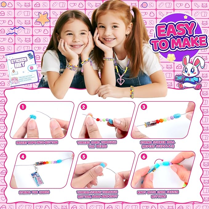 plunack diy jewelry making kits bracelets for kids, stickers set, includes beads & charms & pendants, 320pcs wearable & shareable stickers rolls for ages 5+ and up, birthday gift for girls
