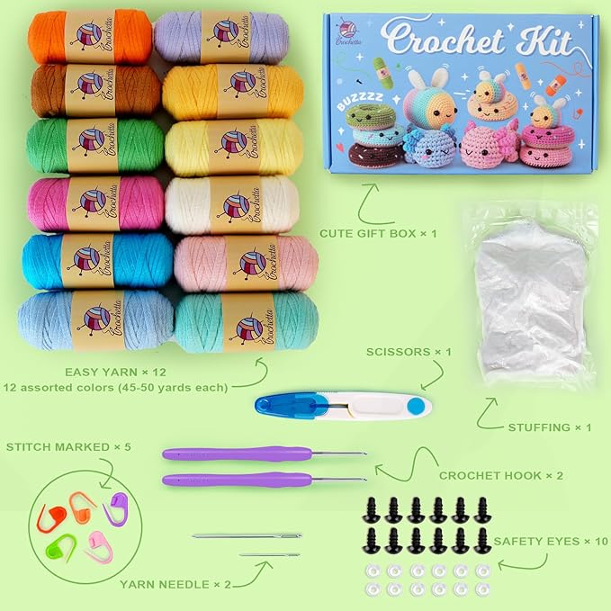 Crochetta Crochet Kit for Beginners Adults - Complete Starter Set with Crochet Hooks, Scissors, Stitch Markers + 12-Colored Yarn 45-50 Yards (20g) per Color