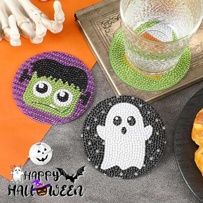 UPINS 8Pcs Halloween Diamond Art Painting Coasters Kits with Holder Diamond Art Non Slip Coaster Kits DIY with Holder Crafts for Adults Diamond Art Painting Kits Supplies