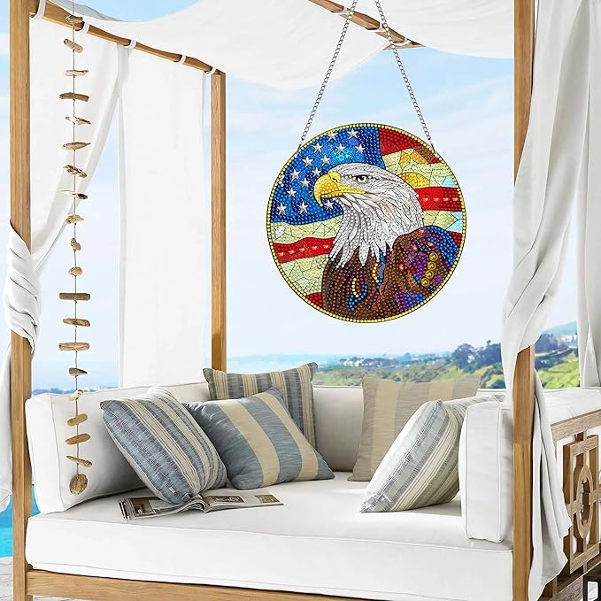 VAIIEYO Eagle Diamond Art Hanging,National Flag Diamond Painting Suncatchers Double Side Window Hanging Kit with Chain, 7.5x7.5 inch Crystal Pendant Art Craft for Gift Home Wall Front Door Decoration