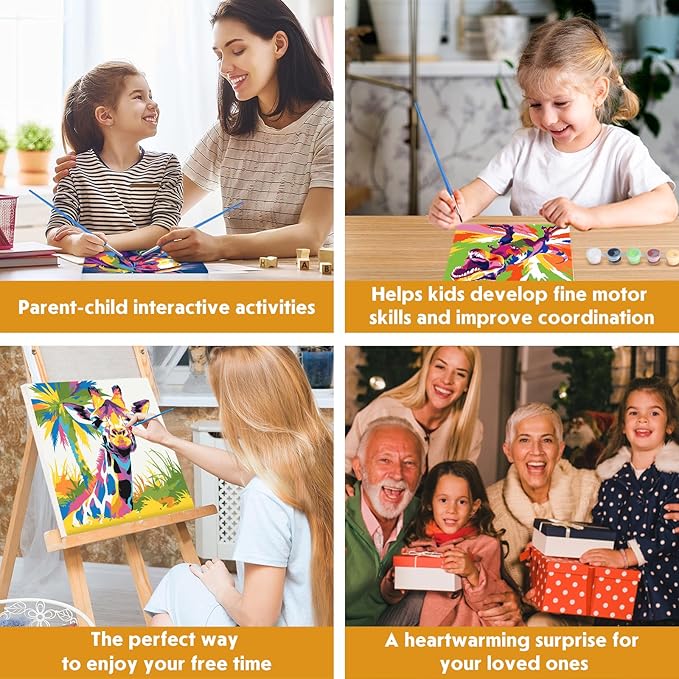 4 Pack Paint by Numbers Kit for Kids Beginner with Wooden Frame, Colorful Horse, Dinosaur, Lion, Giraffe, Paint by Numbers Kit for Adults, Rainbow Animal, Painting Kits for Home Wall Decor 8x8 inch