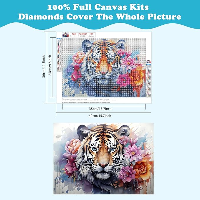 SENQAO Tiger Diamond Painting Kits for Adults, Animal Flower DIY 5D Diamond Art Kits Full Drill Diamond Dots Paintings with Diamonds Gem Art and Crafts Home Decor 12x16inch