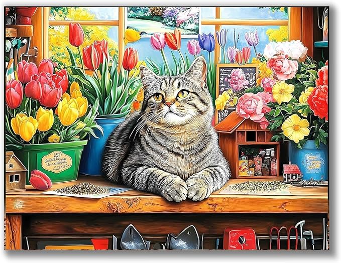 Gemozaic Cat Diamond Painting Kits for Adults, Flowers Cat Diamond Art Kits for Adults, Gem Painting Kit for Adult for Gift Home Wall Decor, 12x16 Inch