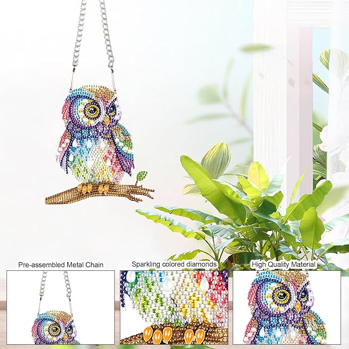 AiYuanzsh Owl Diamond Painting Hanging Pendant Kit, 19 cm, Acrylic, Wall Mount, Mosaic Crafts, Home Decor, Indoor, Unisex