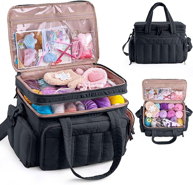 MYBAGZING Large Knitting & Crochet Bag Organizer for Yarn Storage, Double-Layer Knitting Project Bag with 6 Grommets, Yarn Organizer Tote for Knitting Supplies Crochet Hooks & Accessories Gift for Mom