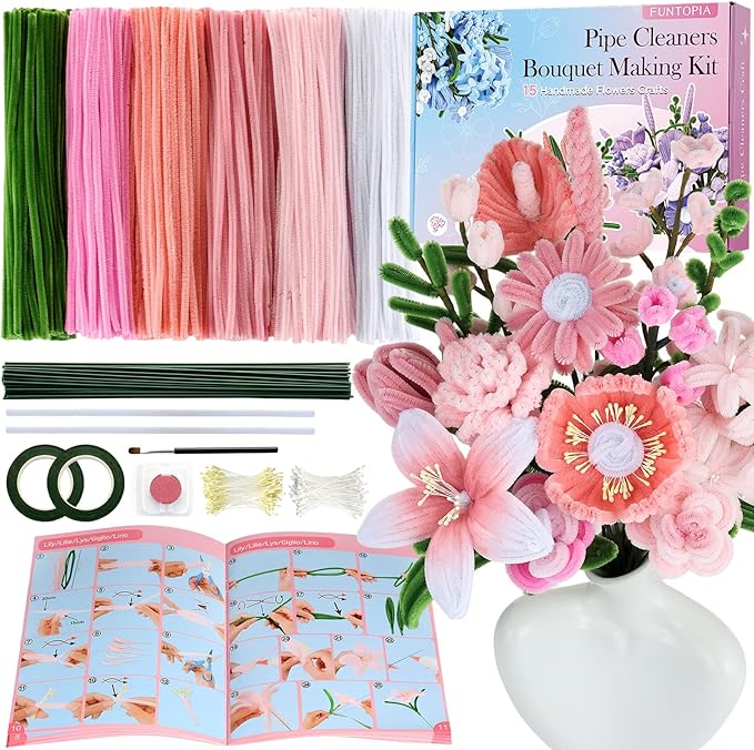540Pcs Pipe Cleaners Craft, 6 Colors Pipe Cleaners Bulk with 15 Designs Guiding Book, Flower Making Kit with Chenille Stems, Floral Wires & Tape, DIY Bouquets and Party Decorations, (Pink, 12in x 7mm)