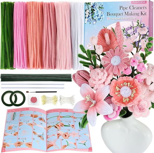 540Pcs Pipe Cleaners Craft, 6 Colors Pipe Cleaners Bulk with 15 Designs Guiding Book, Flower Making Kit with Chenille Stems, Floral Wires & Tape, DIY Bouquets and Party Decorations, (Pink, 12in x 7mm)