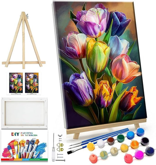 JOOZ Paint by Numbers Kit for Adults Flowers Paint by Number with Frame Floral Paint by Number with Easel Tulip Digital Oil Painting Kits for Gift Home Wall Decor 7.87x11.81 Inch