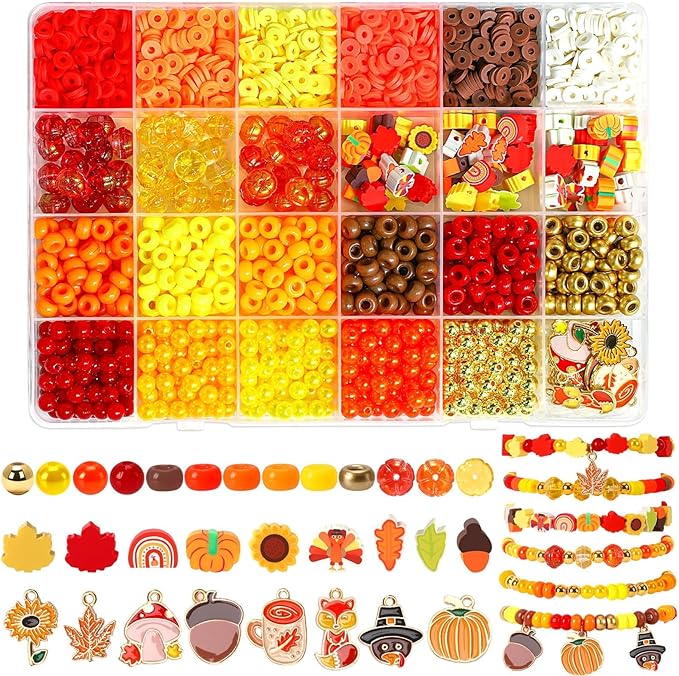 UPINS 2100PCS+ Fall Bracelets Beads Kit for Jewelry Making Thanksgiving Autumn Clay Round Maple Leaf Pumpkin Pony Pearl Beads for Fall DIYJewelry Supplies