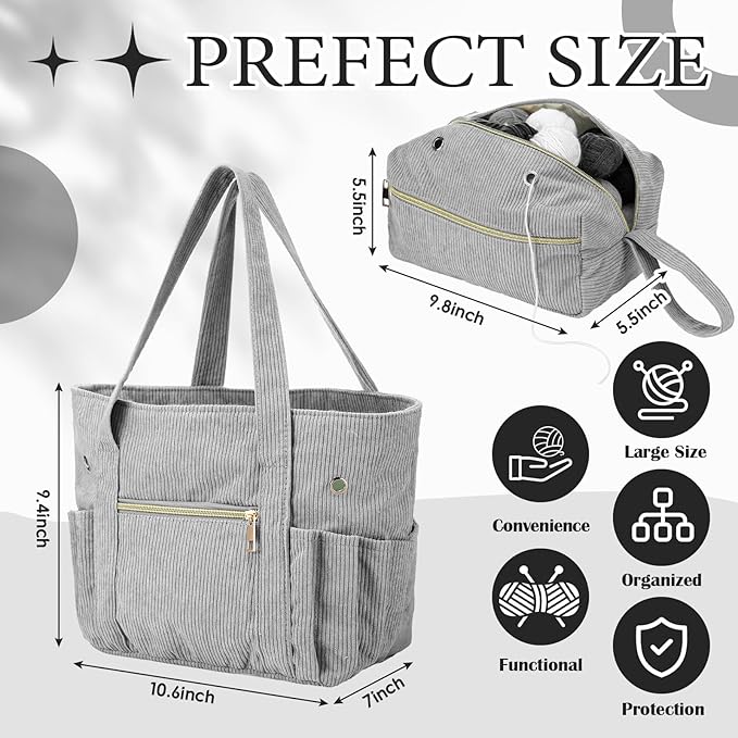 Bulyoou 2 Pcs Crochet Bag and Tote Set Corduroy Yarn Bag Crochet Tote Bag for Crochet Hooks Organizer Yarn Holder for Crochet Lovers Knitting Bag Crochet Accessories(Grey)