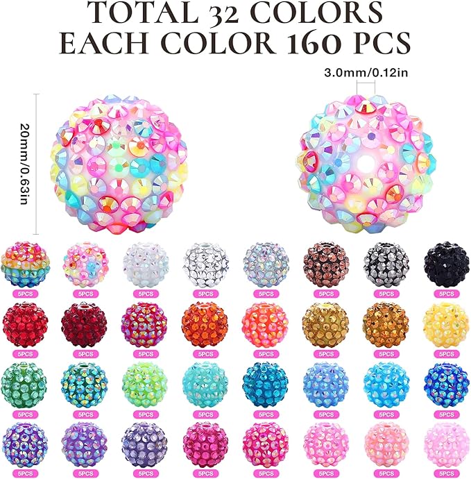 160pcs 16mm Rhinestone Beads for Craft, 32 Colors DIY Round Crystal Disco Ball Resin Rhinestone Chunky DIY Spacer Beads, for Pens, Jewelry Making, Bracelets, Necklace