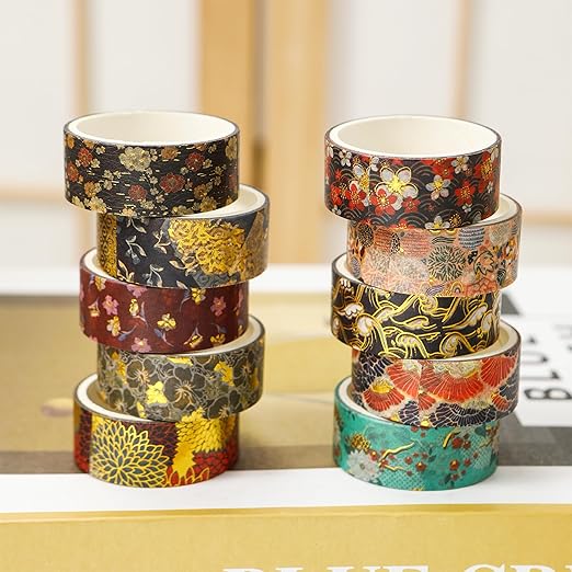 10 Rolls Sakura Washi Tape Set Japanese Arts Adhesive Tapes Gold Silver Foil Decorative Masking Tape Sets for Craft, Kids, Scrapbook, DIY, Gift Wrapping (Eternal Blossom)