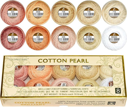 Double Mercerized Egyptian Long Staple Cotton Pearl Thread Ball 10 Grams Rainbow Color Embroidery Thread 10 Colors per Box for Crochet Hardanger Cross Stitch Hand Embroidery,Light Flesh Color Series