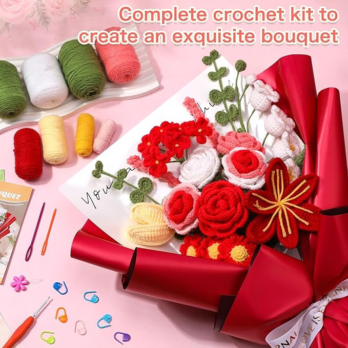 Iuuidu Crochet Kit for Beginners, Flower Bouquet Crochet Kit Rose, Crochet Starter Kit for Beginners with Step-by-Step Video Tutorials for Birthday Anniversary Day Present, Home Decor (Red)