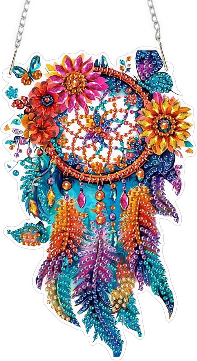 QENSPE Dreamcatcher Diamond Art Hanging Kits for Adults, 5D Special Shape Diamond Paingting Ornaments Kits with Chain, DIY Crystal Window Pendants for Home Garden Wall Decor Double Sided 8X8 inch