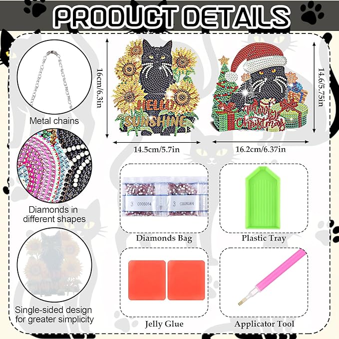 Cinnvoice 12 Pcs Seasonal Diamond Art Wreath Kits Holiday 5d DIY Diamond Art Hanging Signs Winter Spring Ornaments for Wall Door Decoration(Black Cat)
